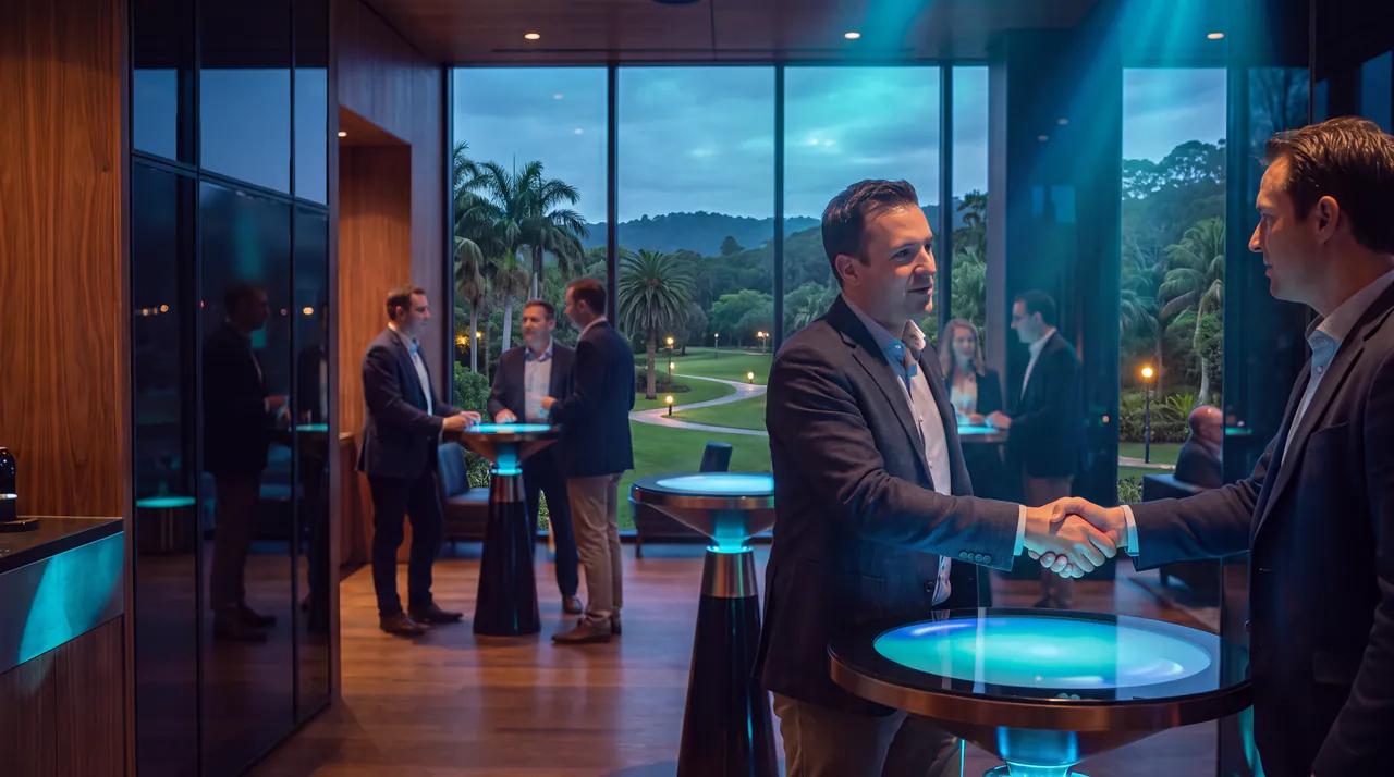 Executivos num lounge envidraçado com vista para um parque ao entardecer; em primeiro plano, dois deles fecham um aperto de mão