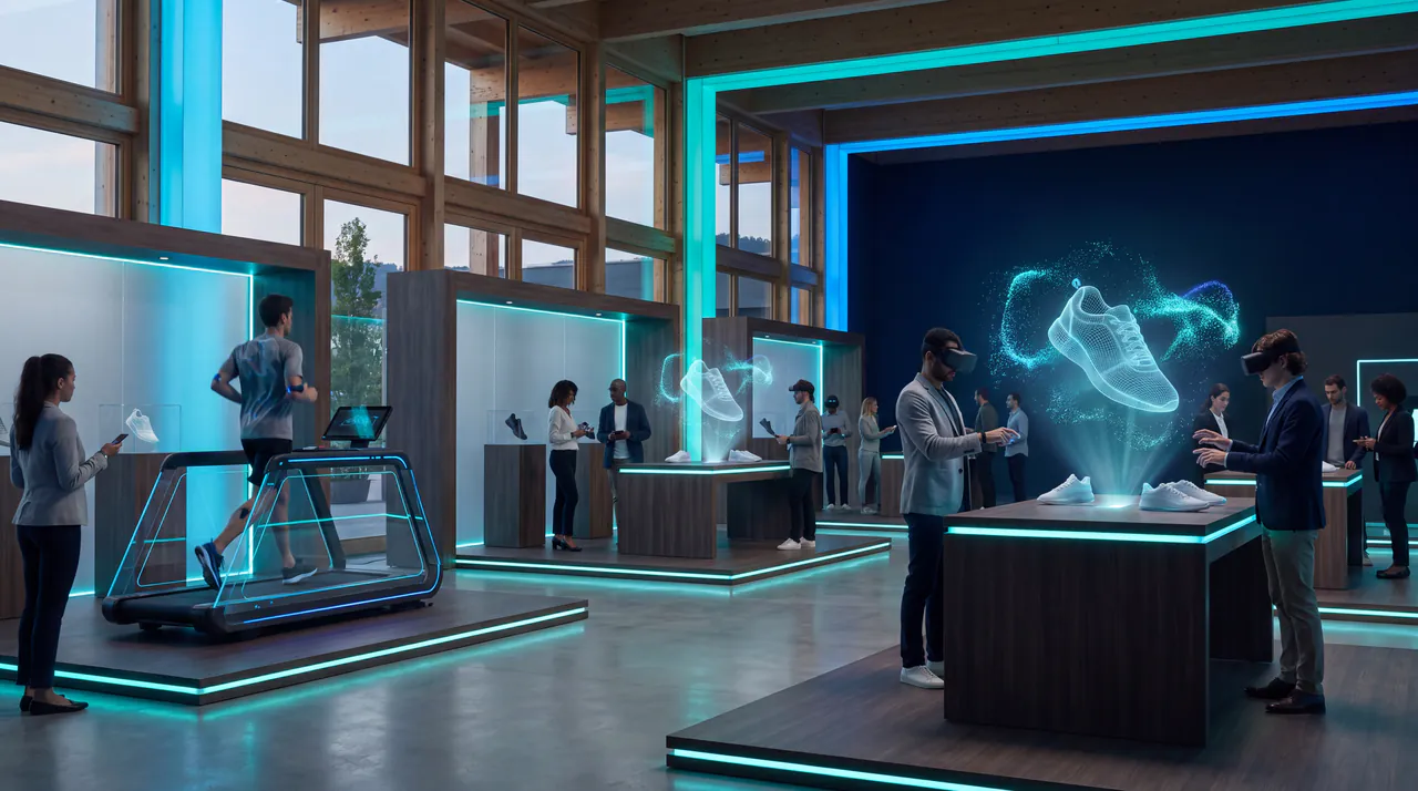 Pavilhão de expositores com estandes iluminados, visitantes testando tênis inteligentes, óculos de realidade virtual e uma esteira de análise de pisada