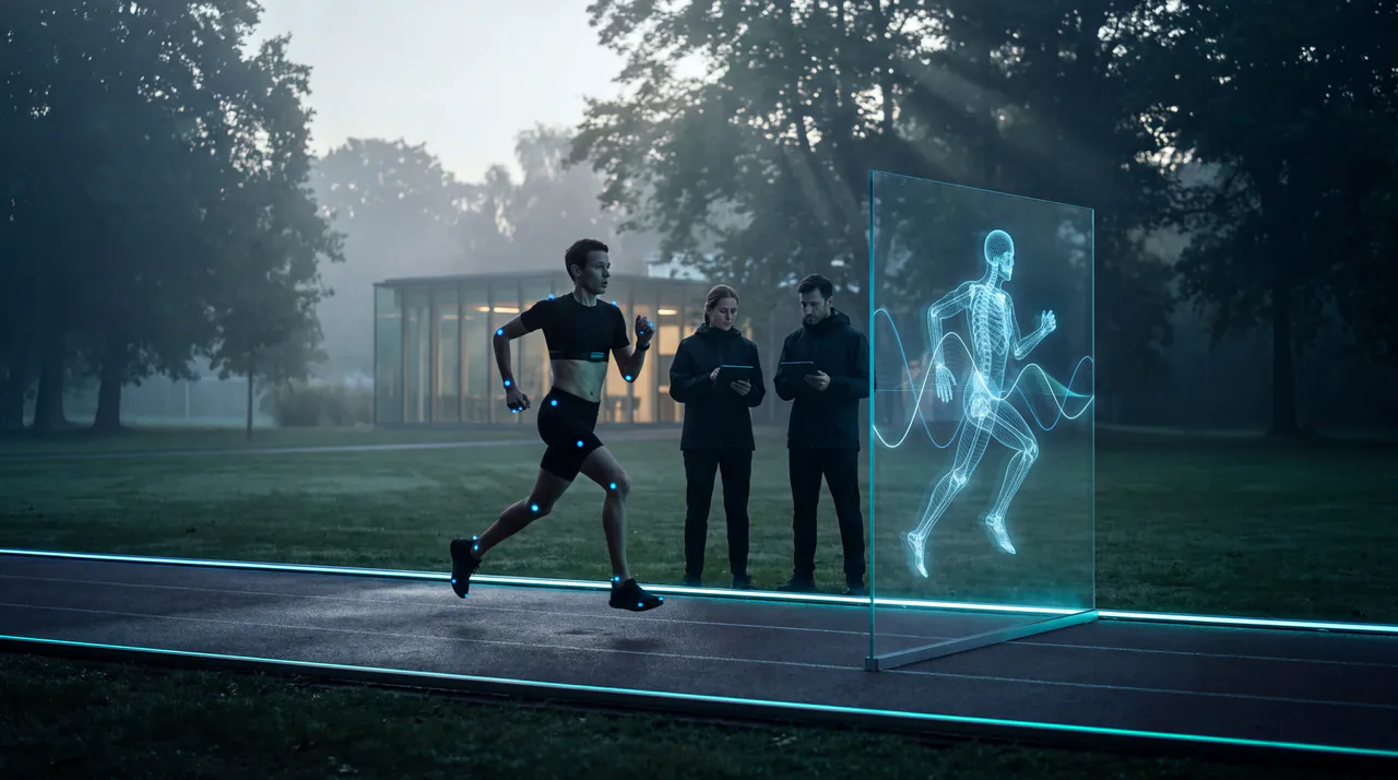 Corredor com marcadores de captura de movimento numa pista ao amanhecer, observado por dois pesquisadores ao lado de um painel holográfico com o esqueleto da passada