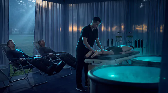 Conceito do Recovery Hub: atletas relaxam com botas de compressão, um fisioterapeuta faz massagem e banheiras de imersão brilham em azul-petróleo.