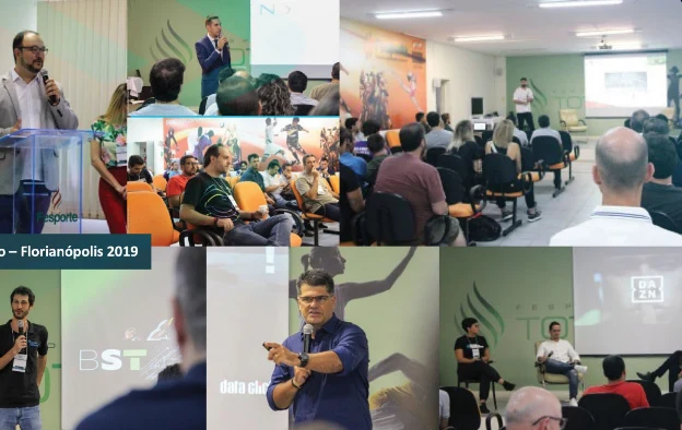 Colagem de fotos reais de edições anteriores do Summit em Florianópolis, 2019: palestrantes, painéis e plateia.