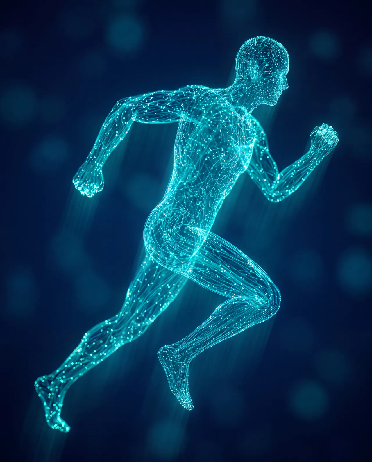 Silhueta de atleta correndo formada por uma rede neural de pontos de luz e filamentos de dados