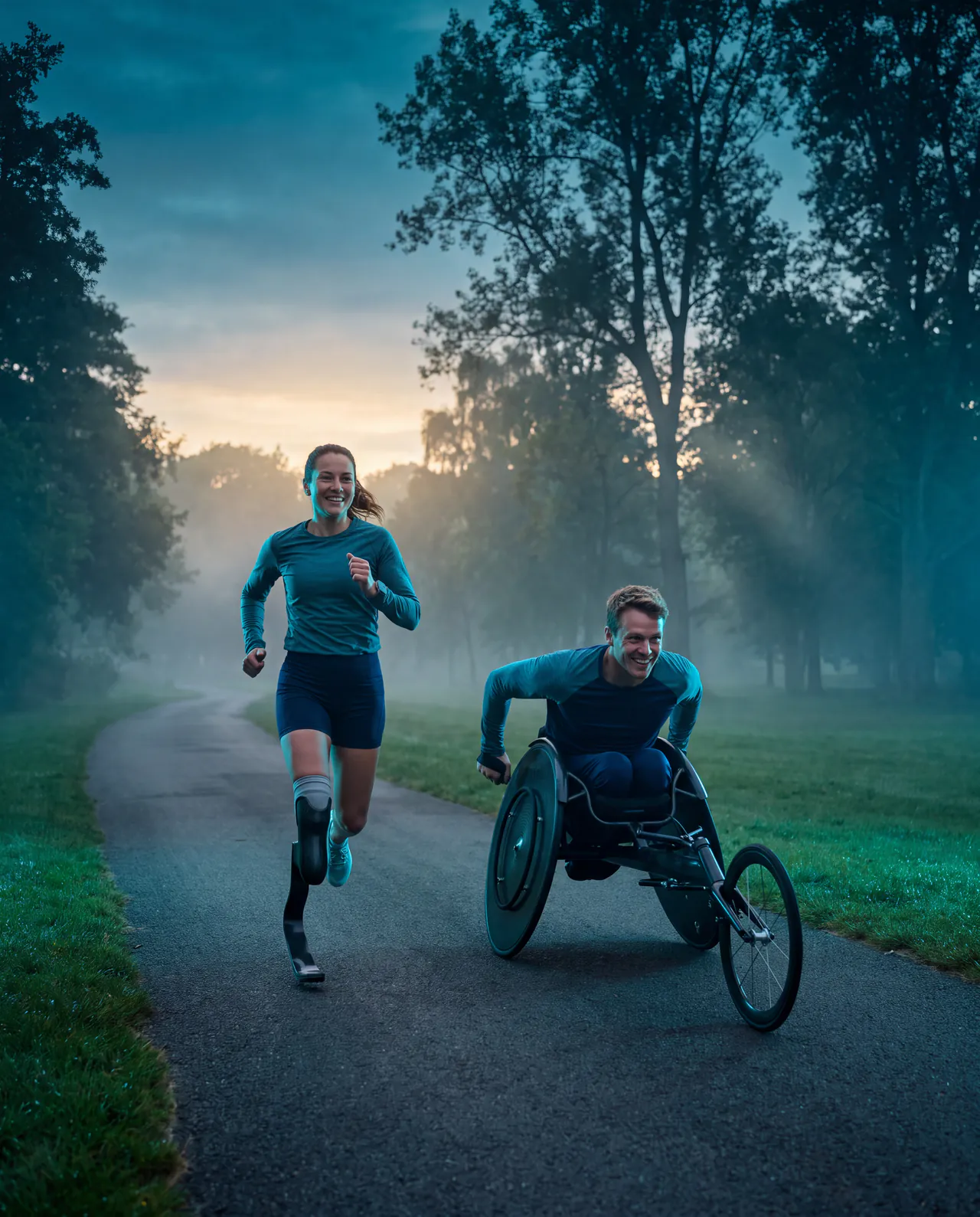 Atleta com prótese de corrida em lâmina de carbono e atleta em cadeira de rodas de corrida avançando lado a lado num parque ao amanhecer