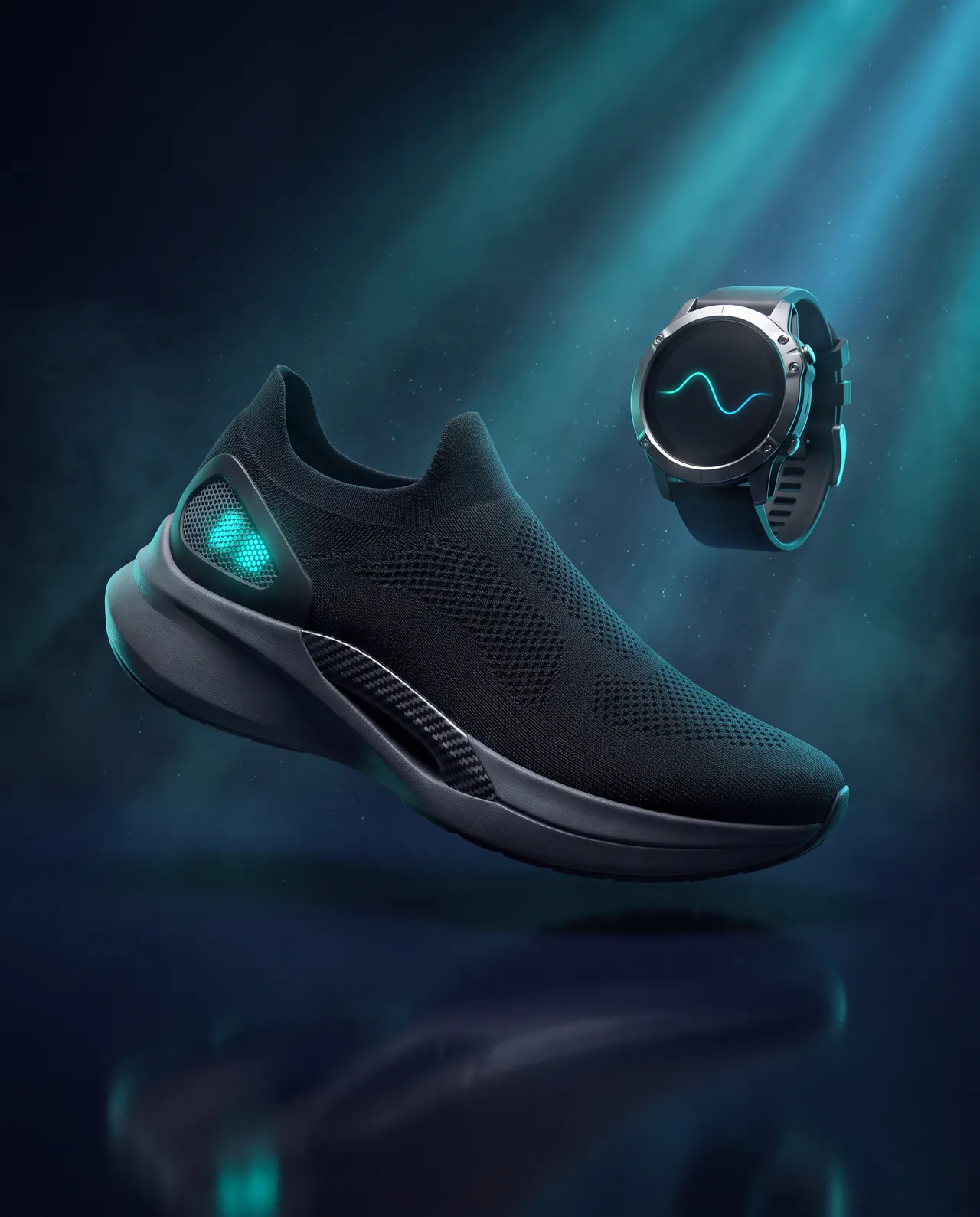Tênis de corrida conceitual com placa de carbono e palmilha com sensor luminoso, ao lado de um relógio esportivo que exibe uma curva de ritmo